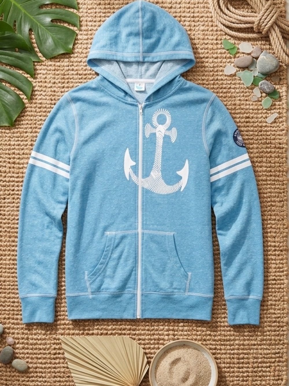 ROXY  Girls' Coastal Zip-Up Hoodie – Blue with Tropical Anchor Print